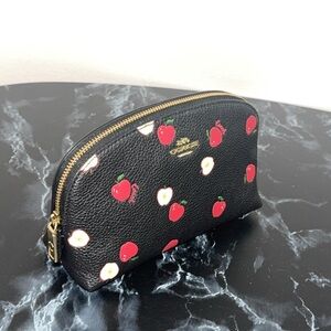 Coach Black Red Cosmetic Leather Bag Clutch Case with Red Apple Print AUTHENTIC